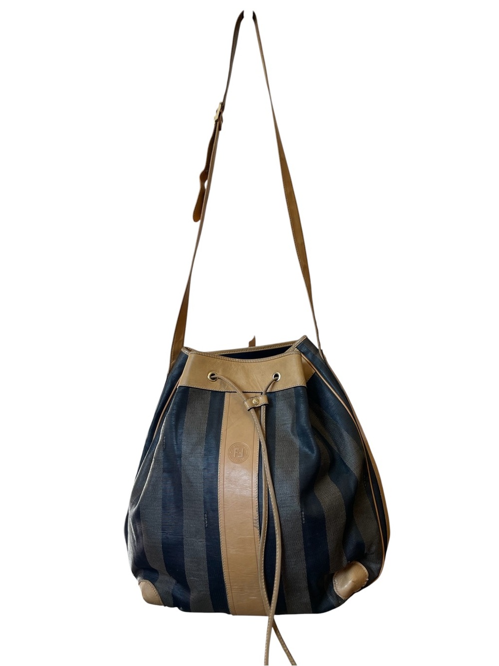 Fendi Vintage Leather-Trim Striped Drawstring Bucket Shoulder Bag